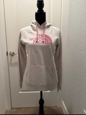 The North Face Light Gray Hoodie with Pink Neckline
